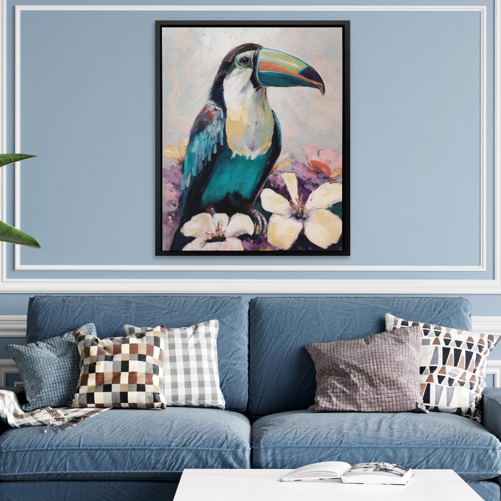 a painting of a toucan sitting on a flower