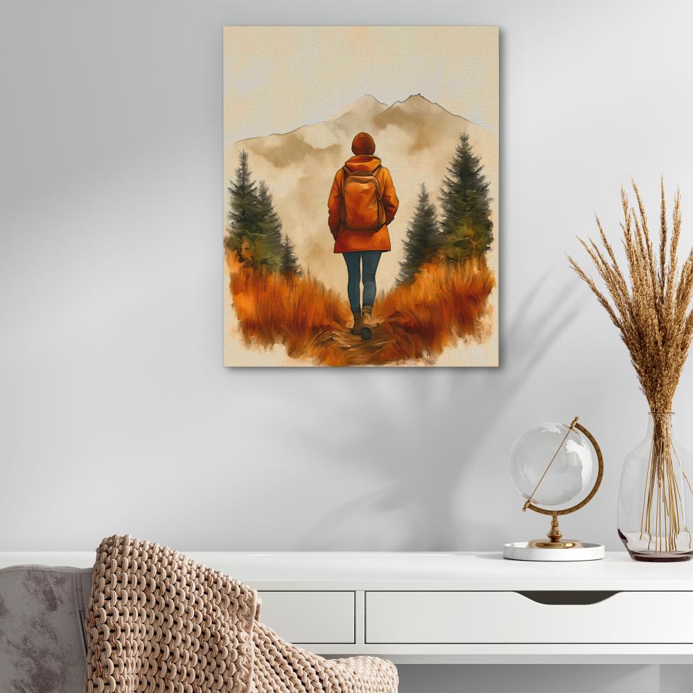 a painting of a person with a backpack walking on a path