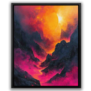 a painting of a sunset with mountains in the background