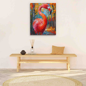a painting of a pink flamingo on a white wall