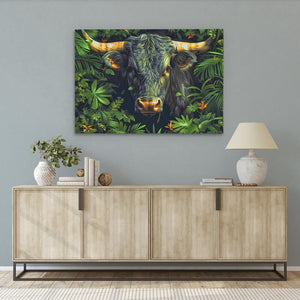 a painting of a bull in the jungle