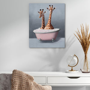 a painting of two giraffes in a bathtub