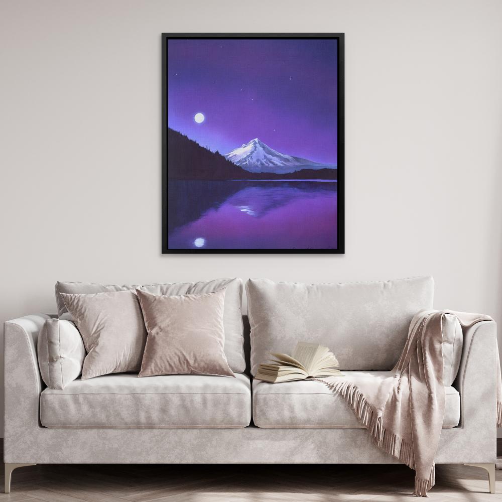 a painting of a mountain and a lake at night