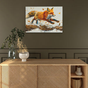 a painting of a fox on a wall above a wooden cabinet