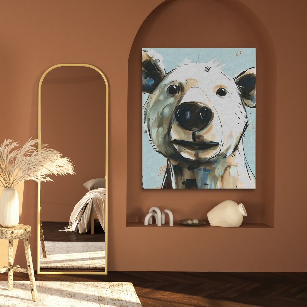 a painting of a white bear on a blue background