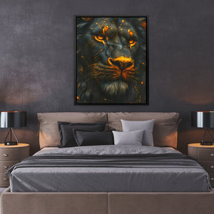 a picture of a lion on a wall above a bed