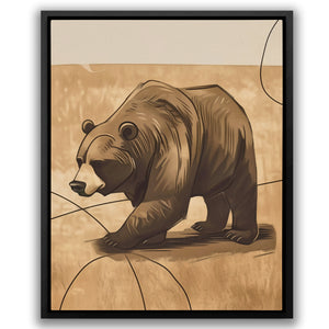 a painting of a brown bear walking across a field