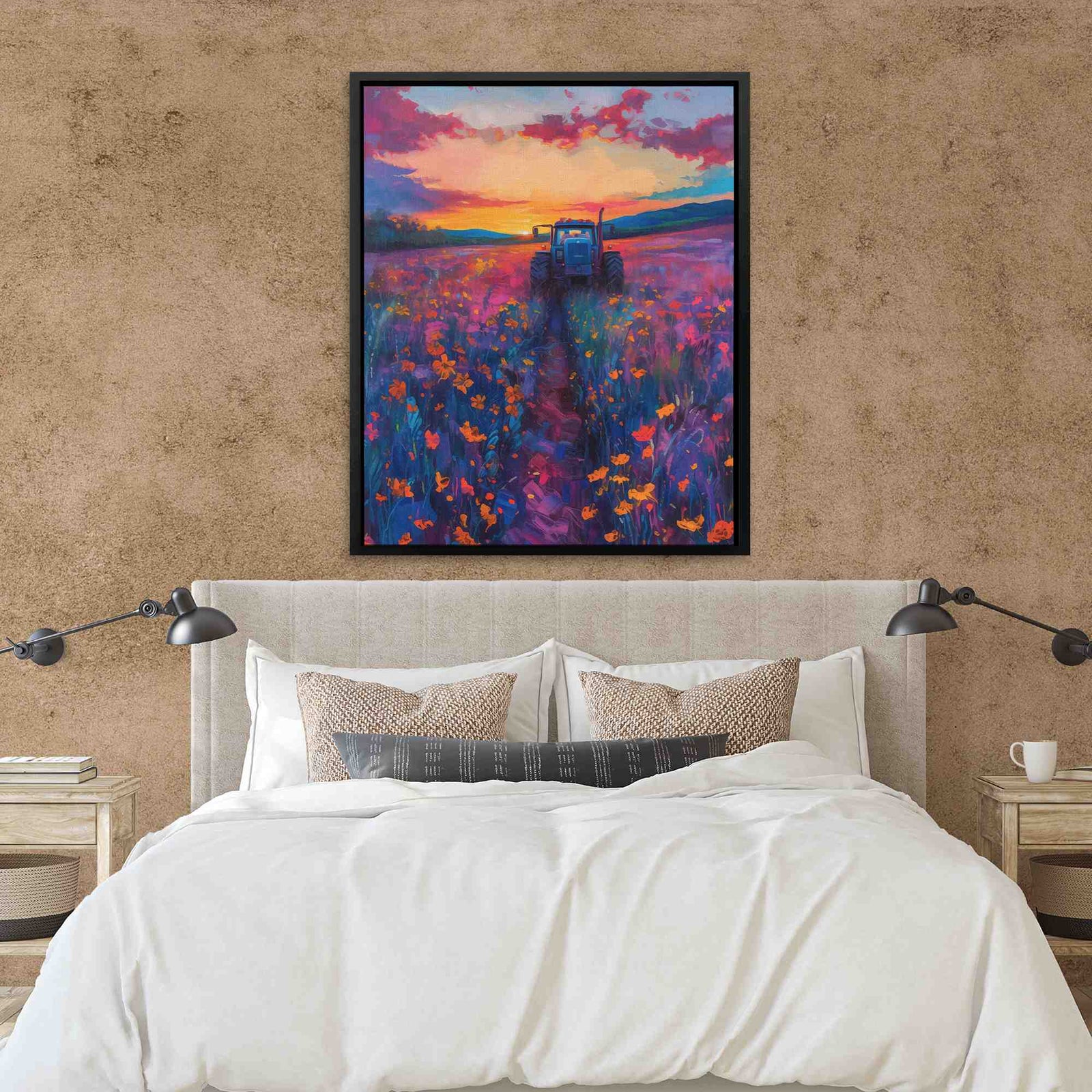 a bedroom with a large bed and a painting on the wall