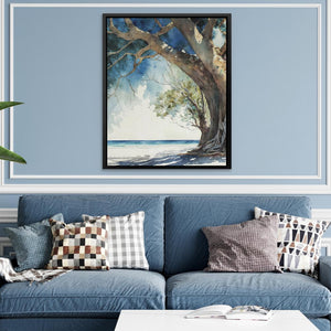 a living room with a blue couch and a painting on the wall