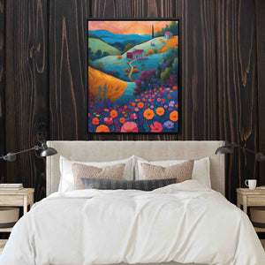 a bed with a white comforter and a painting on the wall