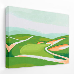 a painting of a green and orange landscape