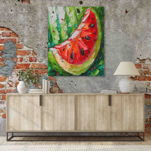 a painting of a watermelon on a brick wall