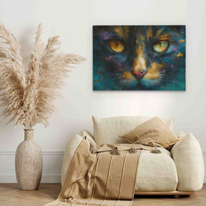 a painting of a cat's face on a white wall