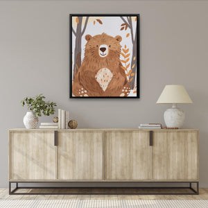 a painting of a brown bear in a forest