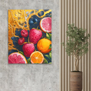 a painting of fruit on a wall next to a potted plant