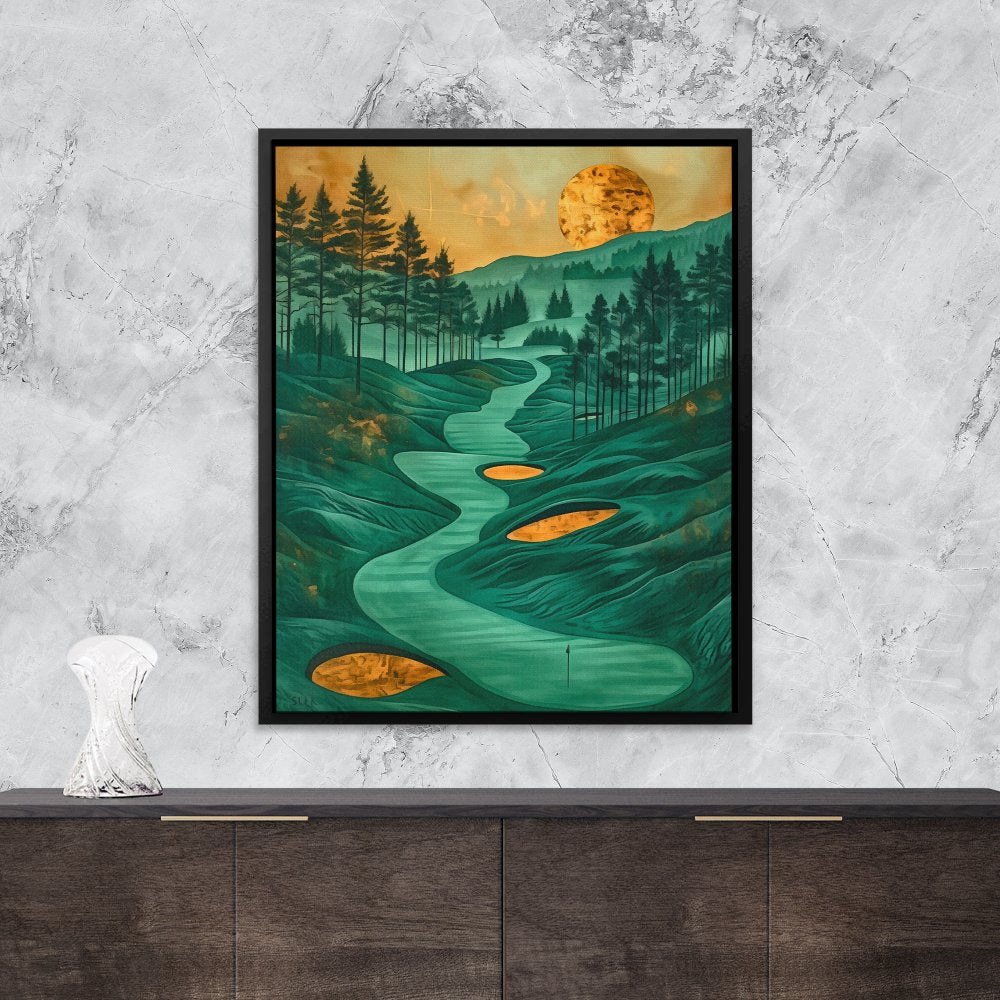 a painting of a river running through a forest