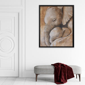 a painting of an elephant holding a baby