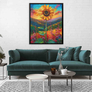 a painting of a sunflower in a living room
