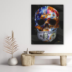 a painting of a skull with a dollar bill in its mouth