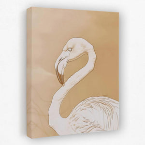a painting of a white flamingo on a tan background