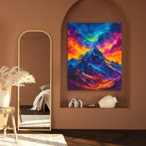 a room with a mirror and a painting on the wall