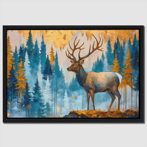 a painting of a deer standing in a forest