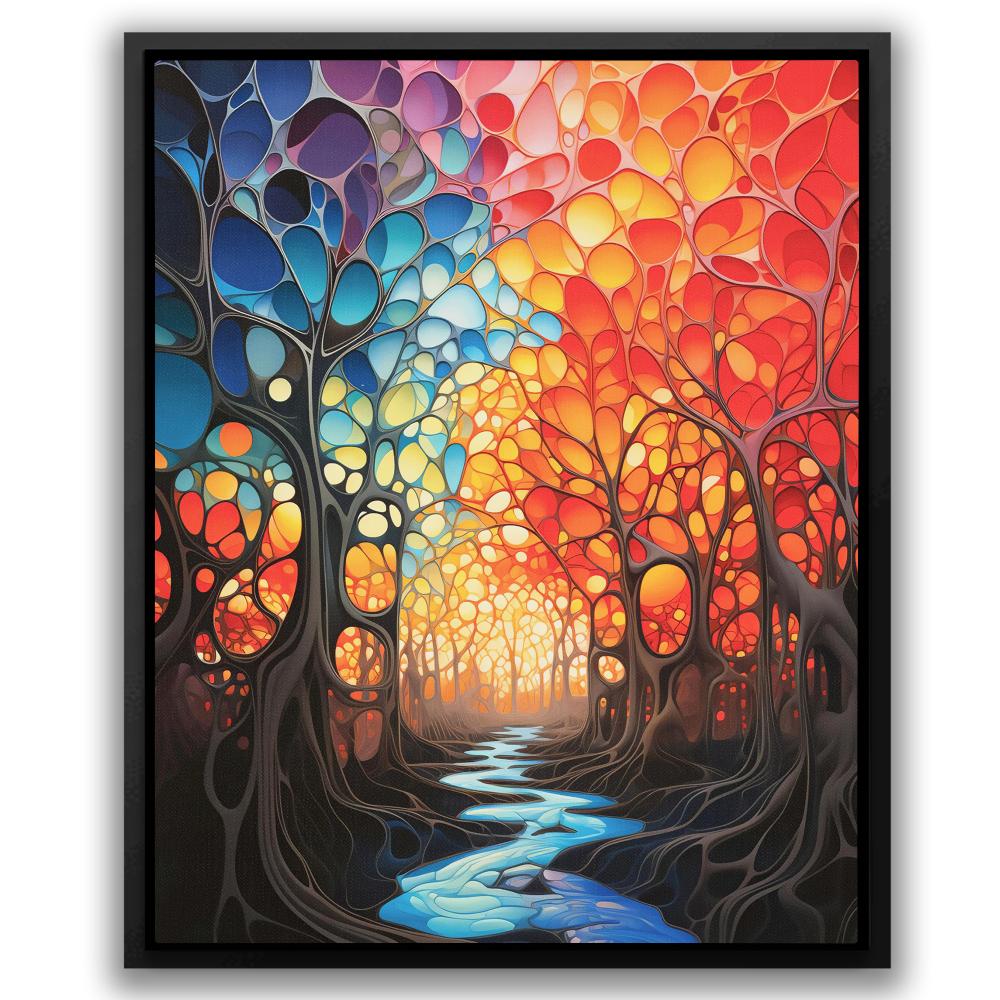 a painting of a river running through a forest