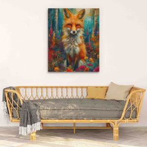 a painting of a fox on a wall above a couch