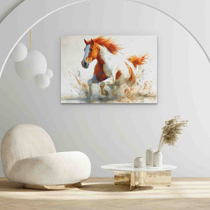 a painting of a running horse in a living room