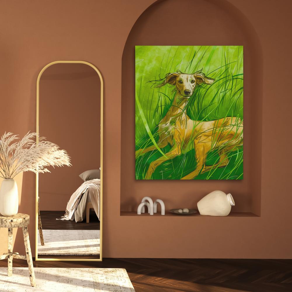 a painting of a dog running through tall grass