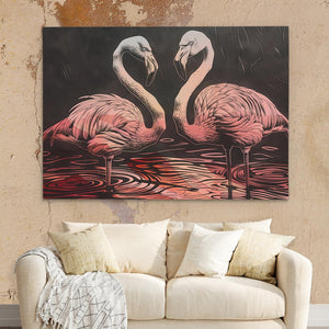 a painting of two flamingos on a wall next to a couch