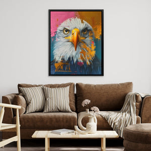 a living room with a brown couch and a painting of an eagle