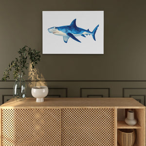 a picture of a shark on a wall above a cabinet