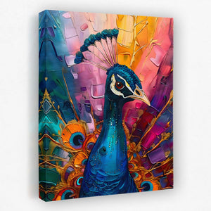 a painting of a peacock with a colorful background