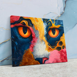 a painting of a cat's face with orange eyes