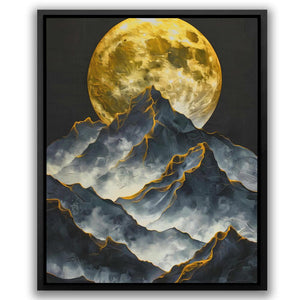 a painting of a mountain with a full moon