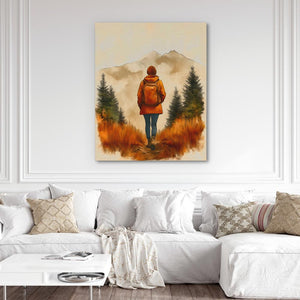 a painting of a person walking in a field