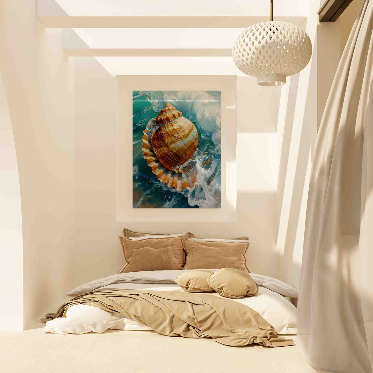 a bedroom with a bed and a painting on the wall