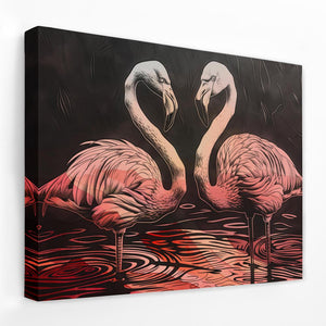 a painting of two flamingos in the water