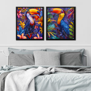 two paintings of toucans on a wall above a bed