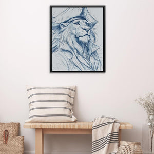 a picture of a lion on a wall above a bench