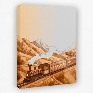 a painting of a train traveling through a mountainous area