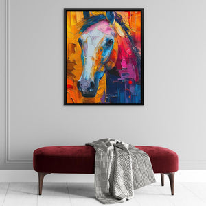 a painting of a horse on a wall above a bench