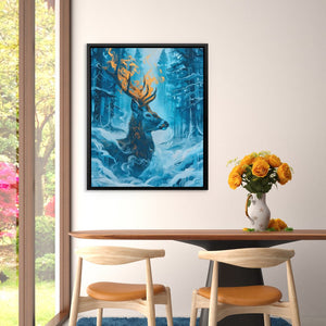 a painting of a deer in a snowy forest