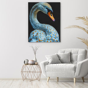 a painting of a blue swan on a black background