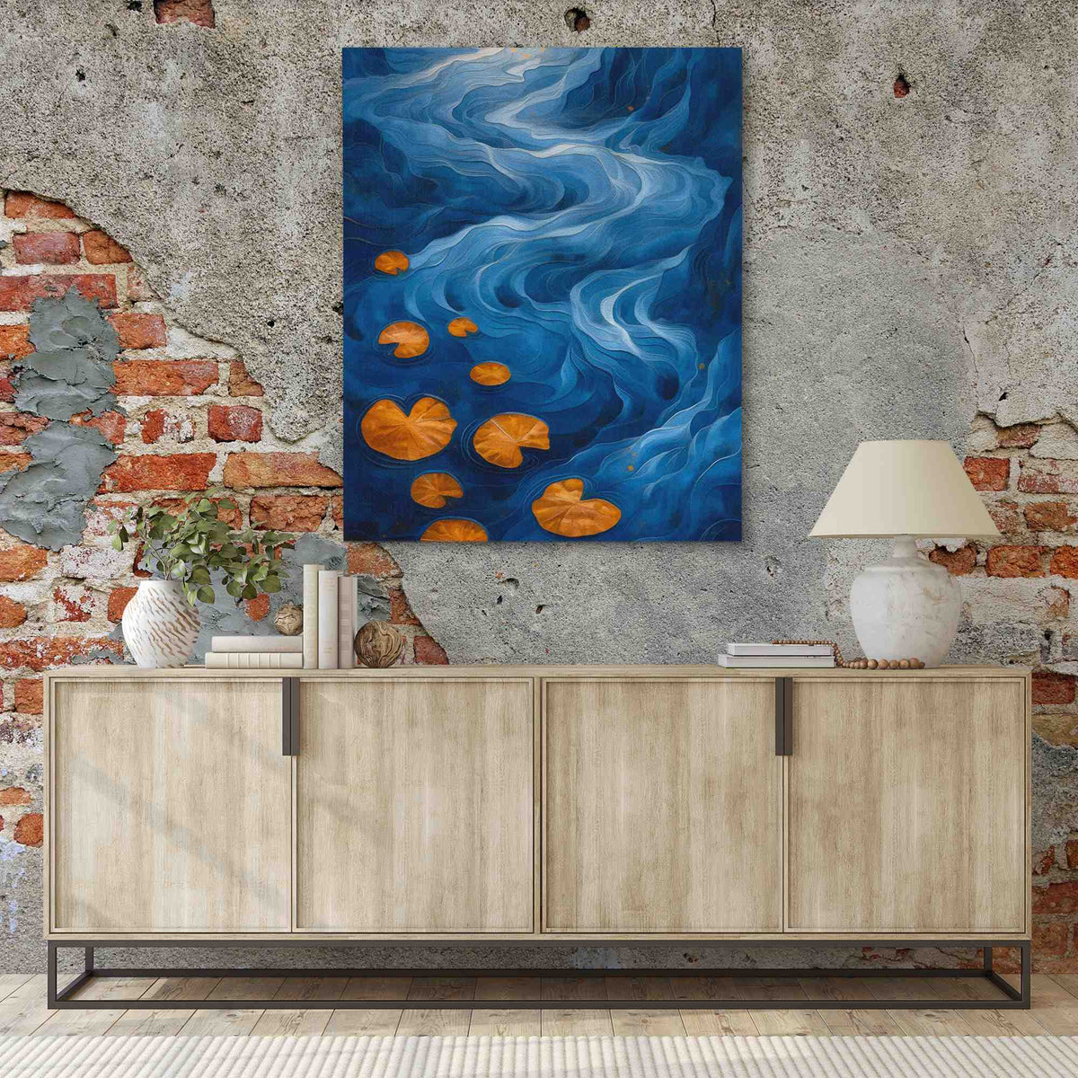 a painting hanging on a wall above a dresser