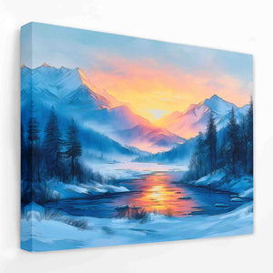 a painting of a snowy landscape with a lake and mountains