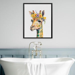 a picture of a giraffe with a flower crown on it's head