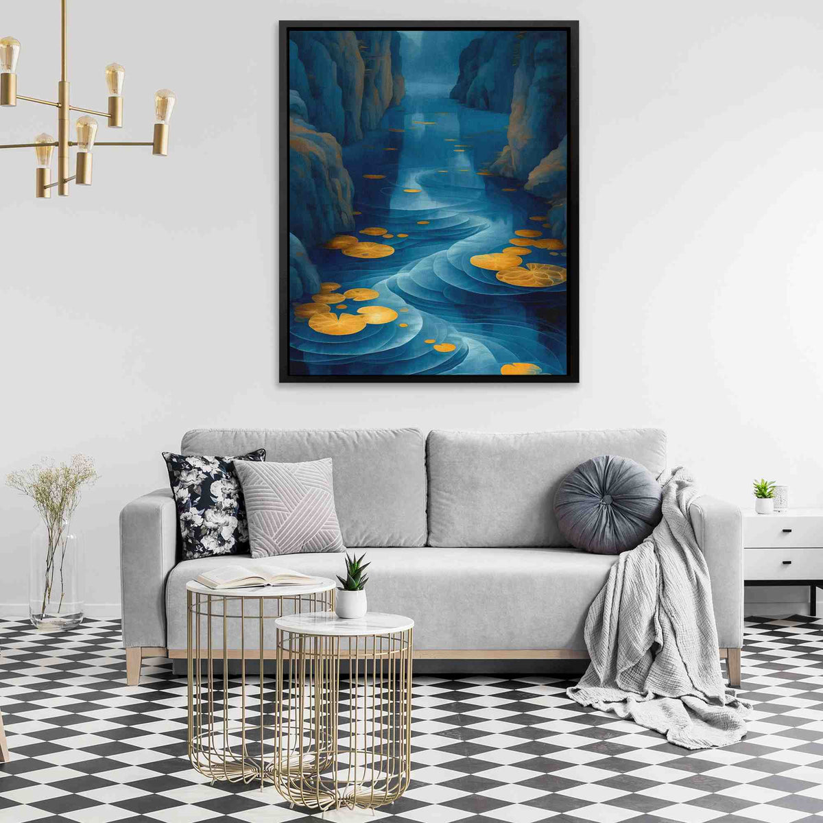 a living room with a couch and a painting on the wall