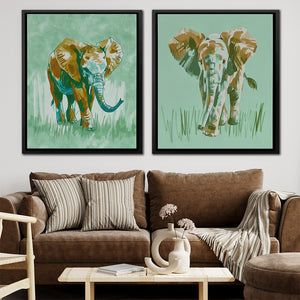 a living room with two paintings of elephants on the wall